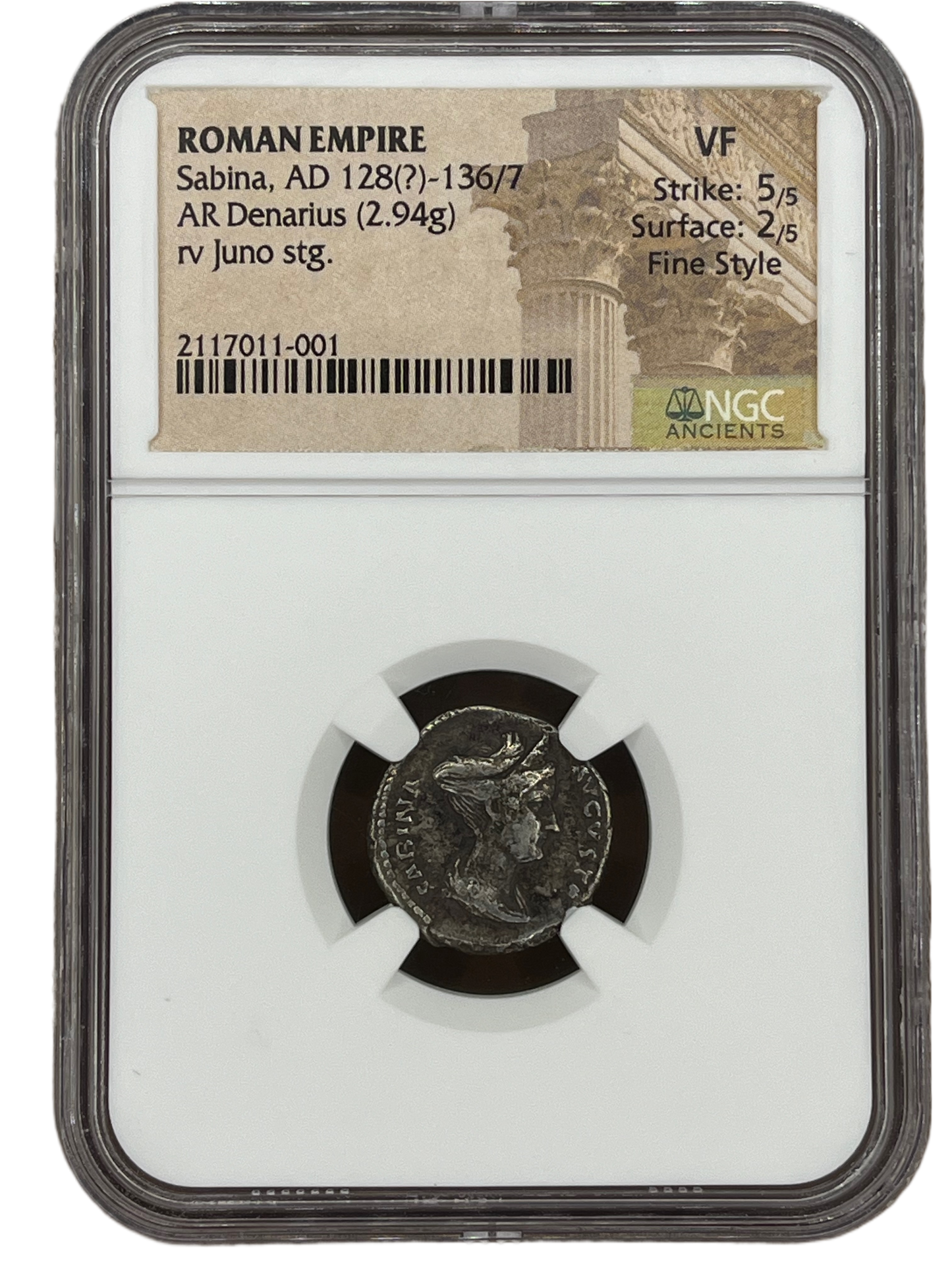 Sabina (128 - 137 AD) ~ AR Denarius ~ NGC Very Fine, Fine Style