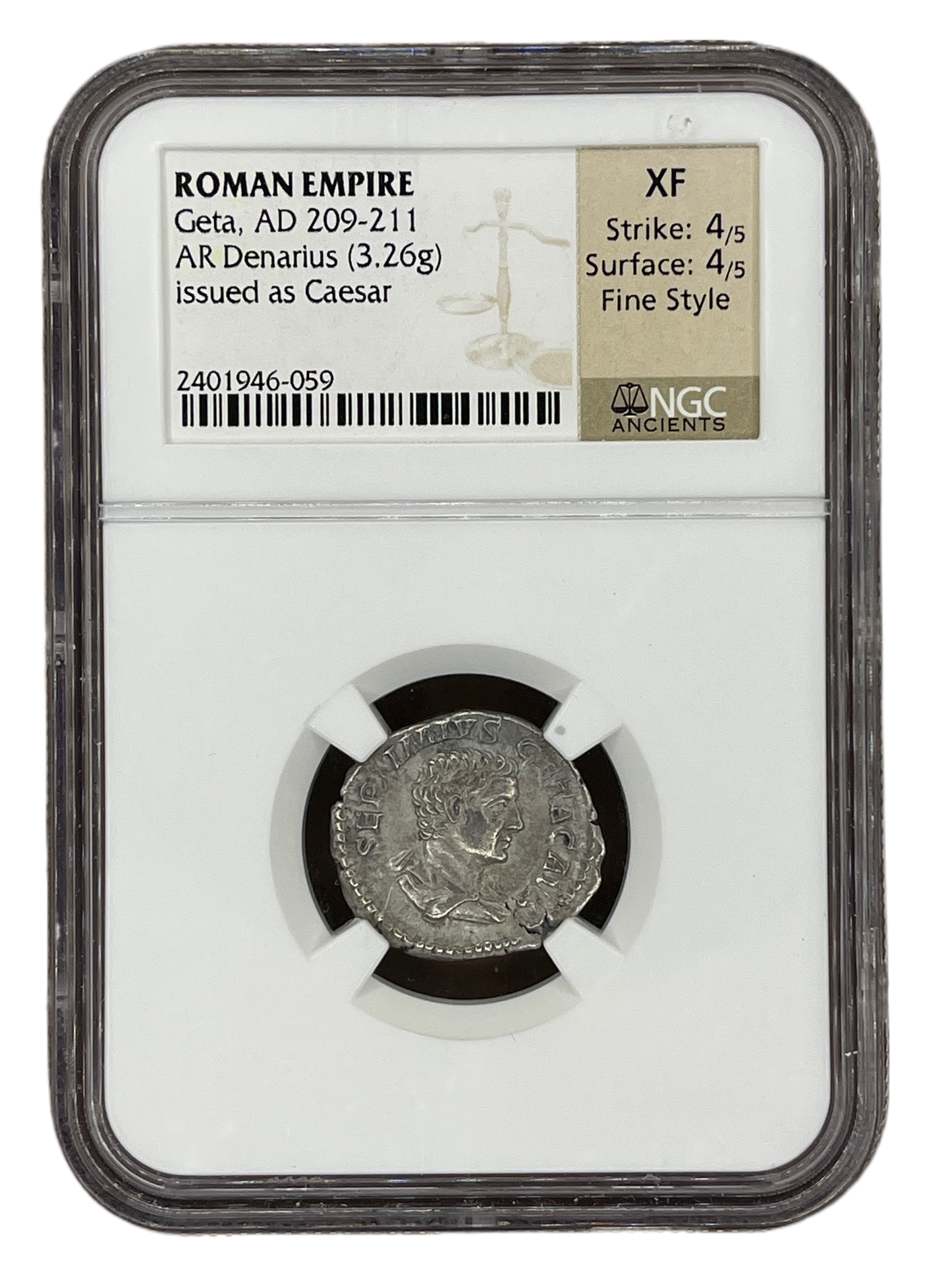 Geta (209-211 AD) ~ AR Denarius ~ NGC Extra Fine, Fine Style