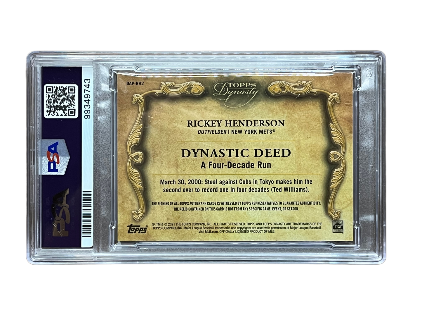 Rickey Henderson, 2021 Topps Dynasty ~ Autographed, Relic Card, 1 of 5, Gem Mint 10/10, Auto Grade 10/10 ~ Perfect Card