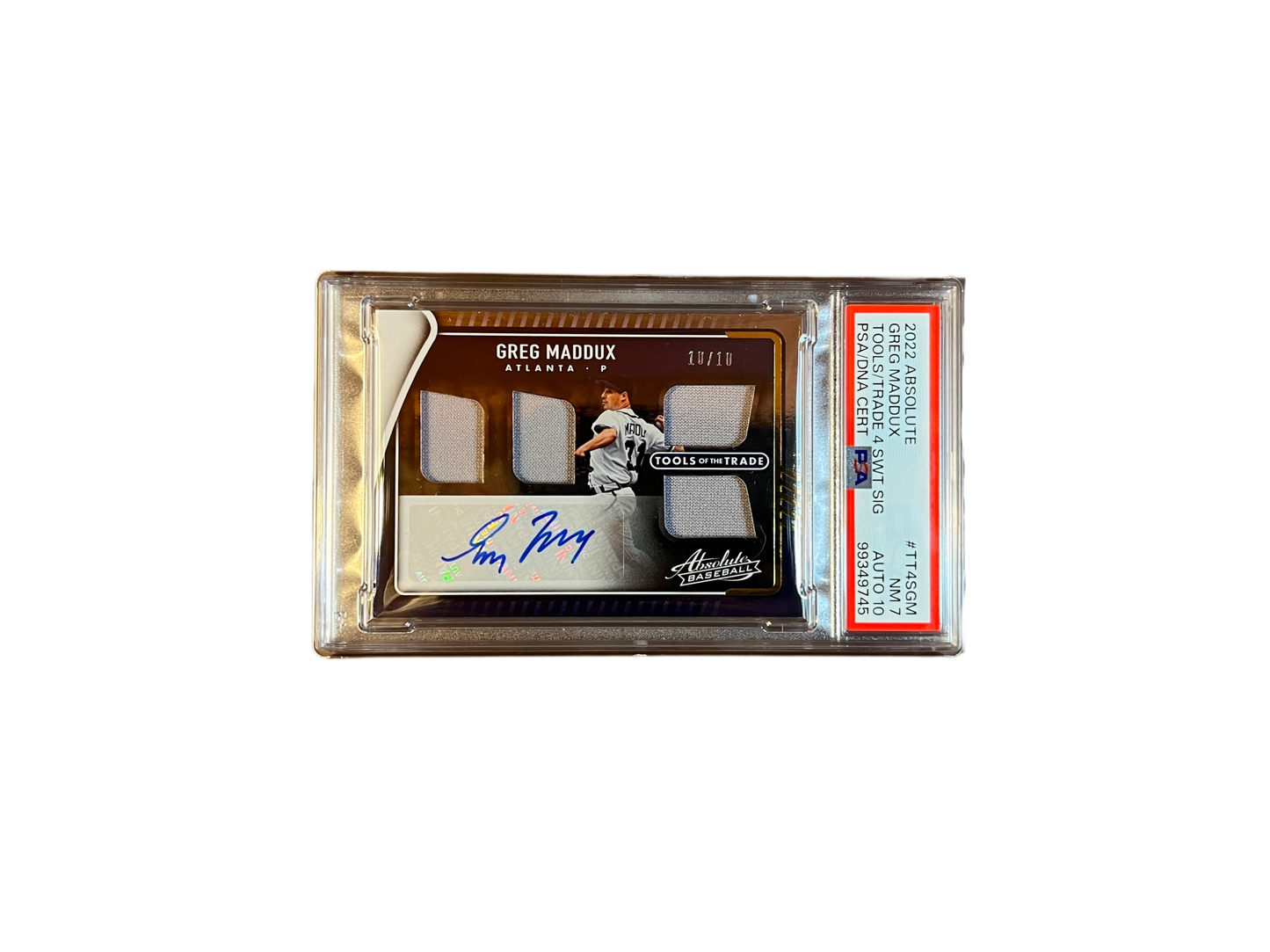 Greg Maddux, 2022 Absolute Baseball ~ Autographed, Relic Card, 10 of 10, Near Mint 7/10, Auto Grade 10/10