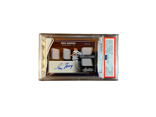 Greg Maddux, 2022 Absolute Baseball ~ Autographed, Relic Card, 10 of 10, Near Mint 7/10, Auto Grade 10/10