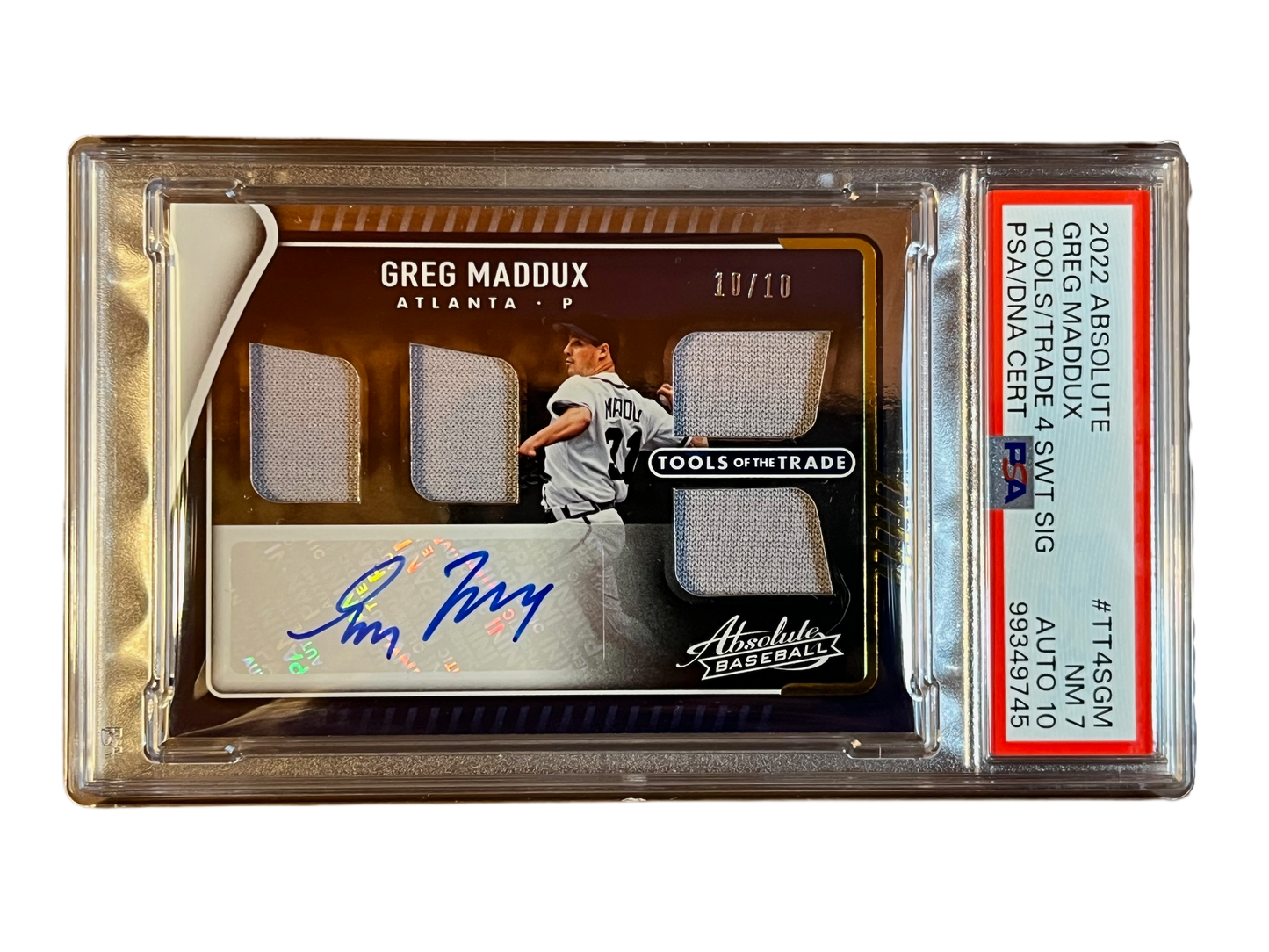 Greg Maddux, 2022 Absolute Baseball ~ Autographed, Relic Card, 10 of 10, Near Mint 7/10, Auto Grade 10/10