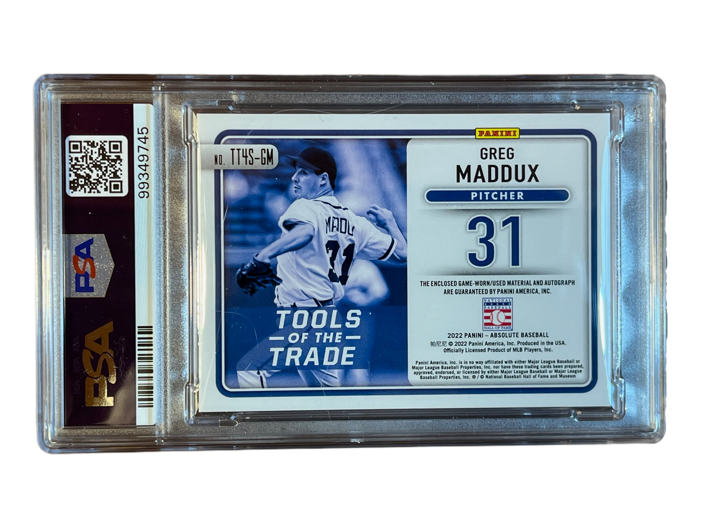 Greg Maddux, 2022 Absolute Baseball ~ Autographed, Relic Card, 10 of 10, Near Mint 7/10, Auto Grade 10/10